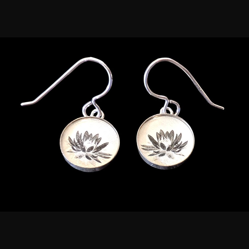 925 Sterling Lotus Flower Wire Hook Drop Dangle Round 1" Earrings